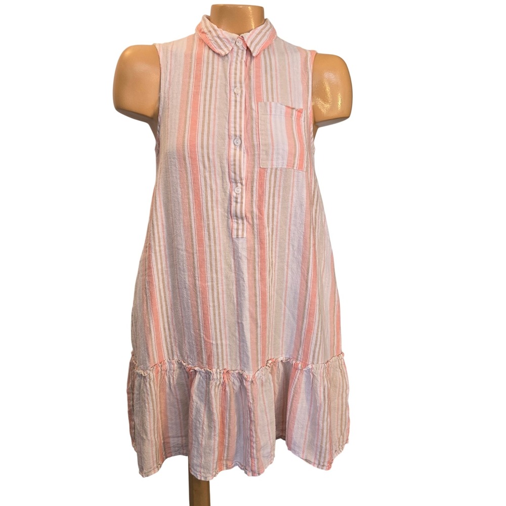 Time and Tru Striped Linen Blend Collared Button Front Ruffle Hem Dress XSmall